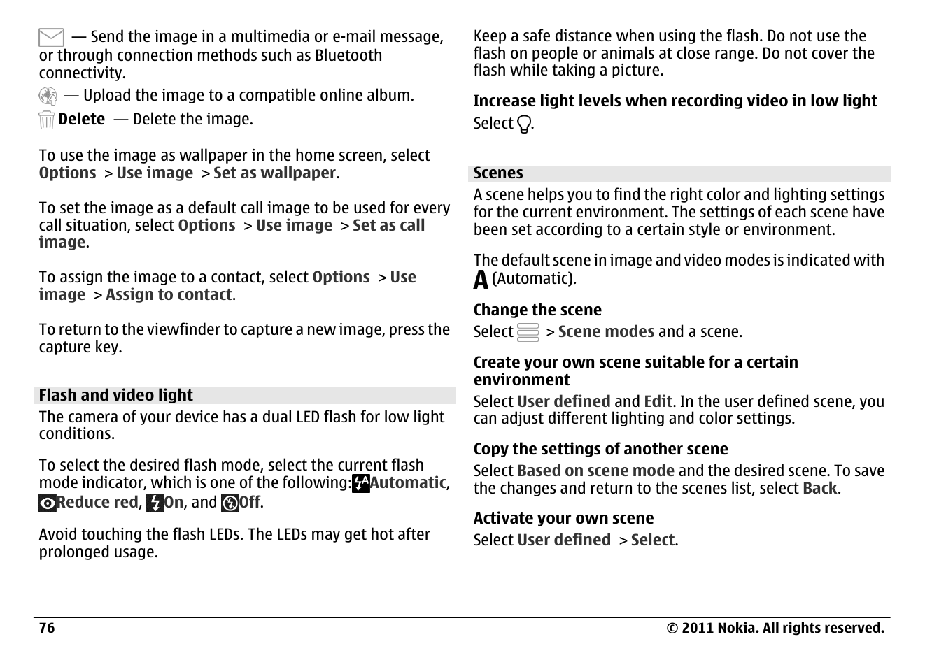 Flash and video light, Scenes | Nokia N97 User Manual | Page 76 / 130