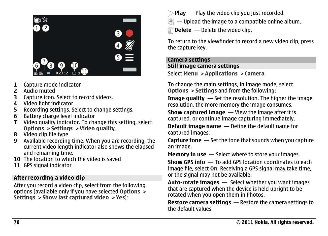 After recording a video clip, Camera settings, Still image camera settings | Nokia N97 User Manual | Page 78 / 130