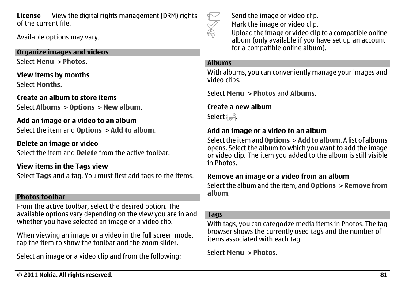 Organize images and videos, Photos toolbar, Albums | Tags | Nokia N97 User Manual | Page 81 / 130