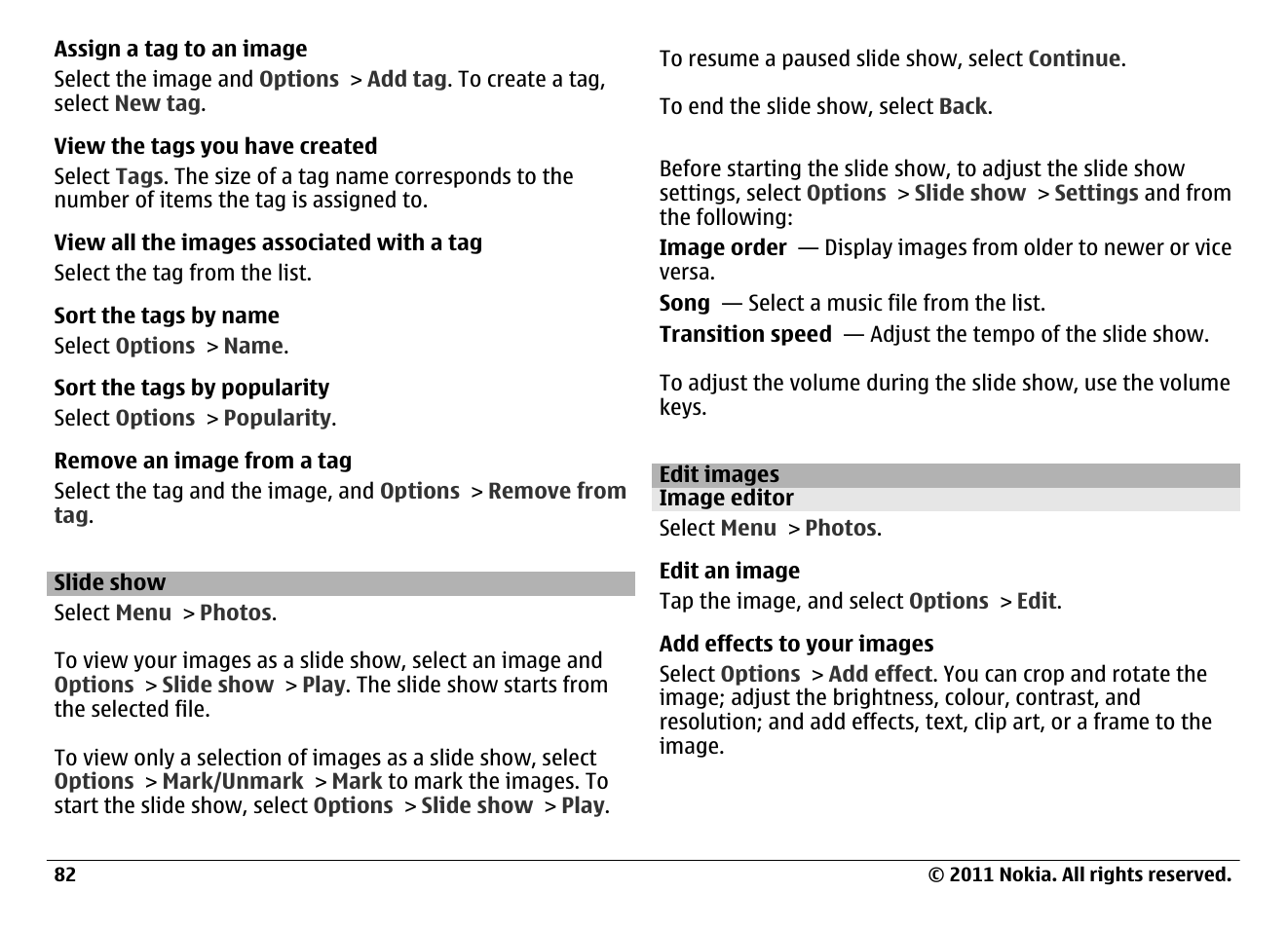 Slide show, Edit images, Image editor | Nokia N97 User Manual | Page 82 / 130