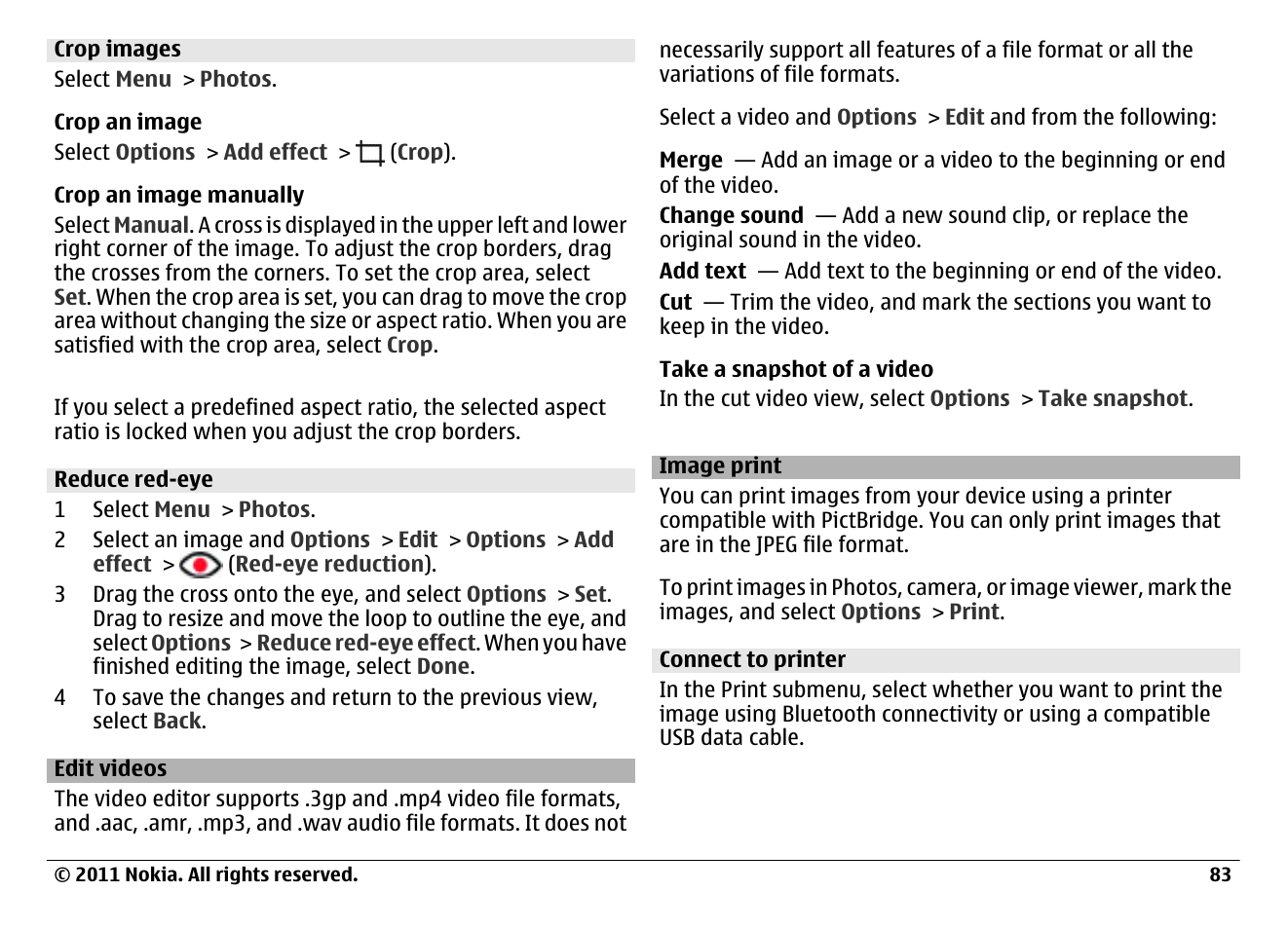 Crop images, Reduce red-eye, Edit videos | Image print, Connect to printer | Nokia N97 User Manual | Page 83 / 130