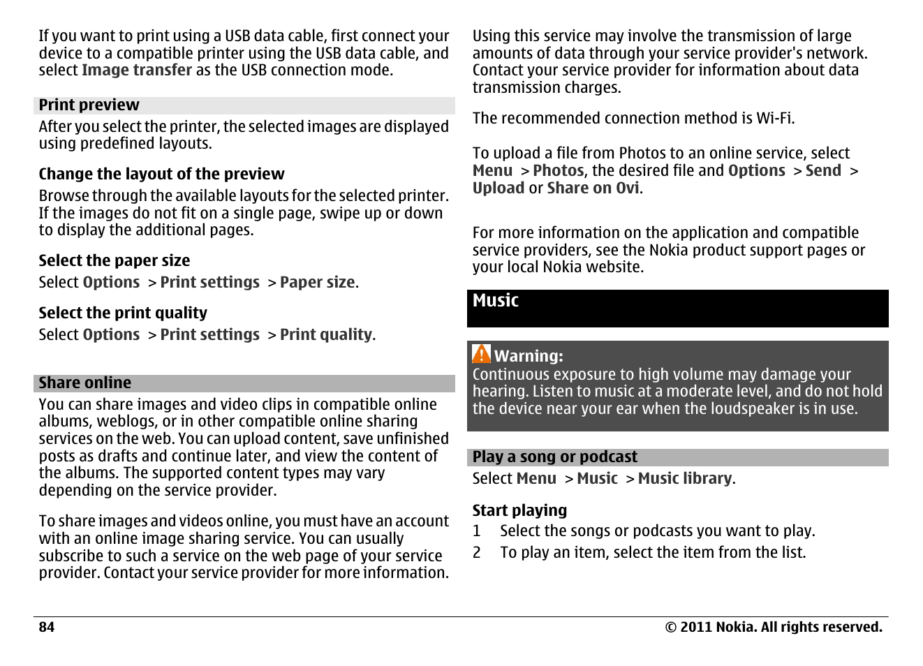 Print preview, Share online, Music | Play a song or podcast | Nokia N97 User Manual | Page 84 / 130