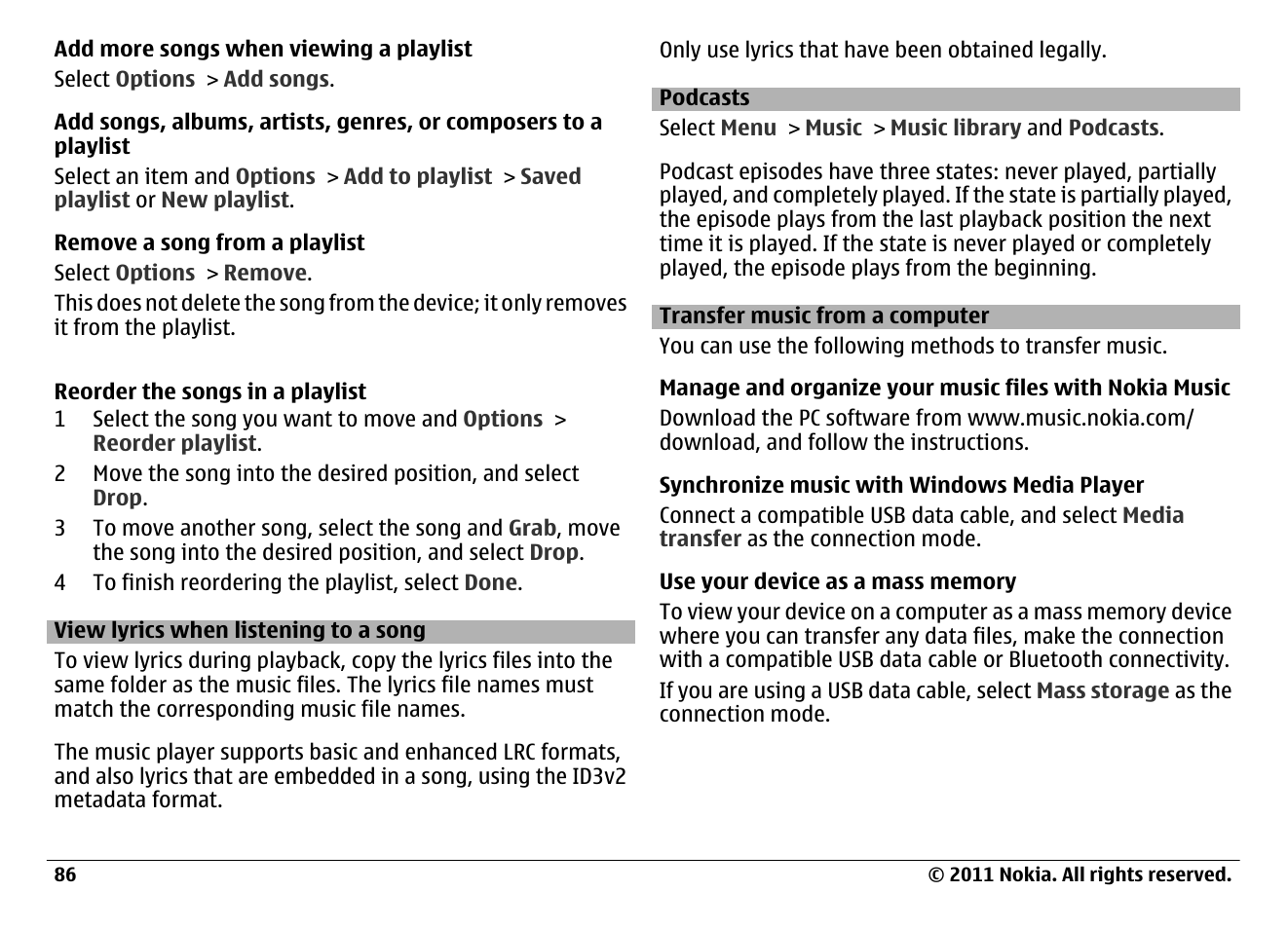 View lyrics when listening to a song, Podcasts, Transfer music from a computer | Nokia N97 User Manual | Page 86 / 130