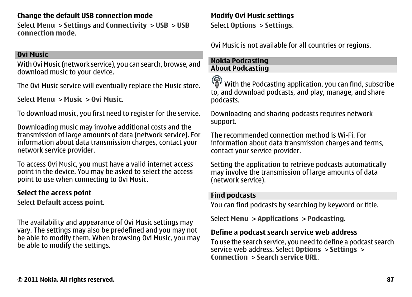 Ovi music, Nokia podcasting, About podcasting | Find podcasts | Nokia N97 User Manual | Page 87 / 130