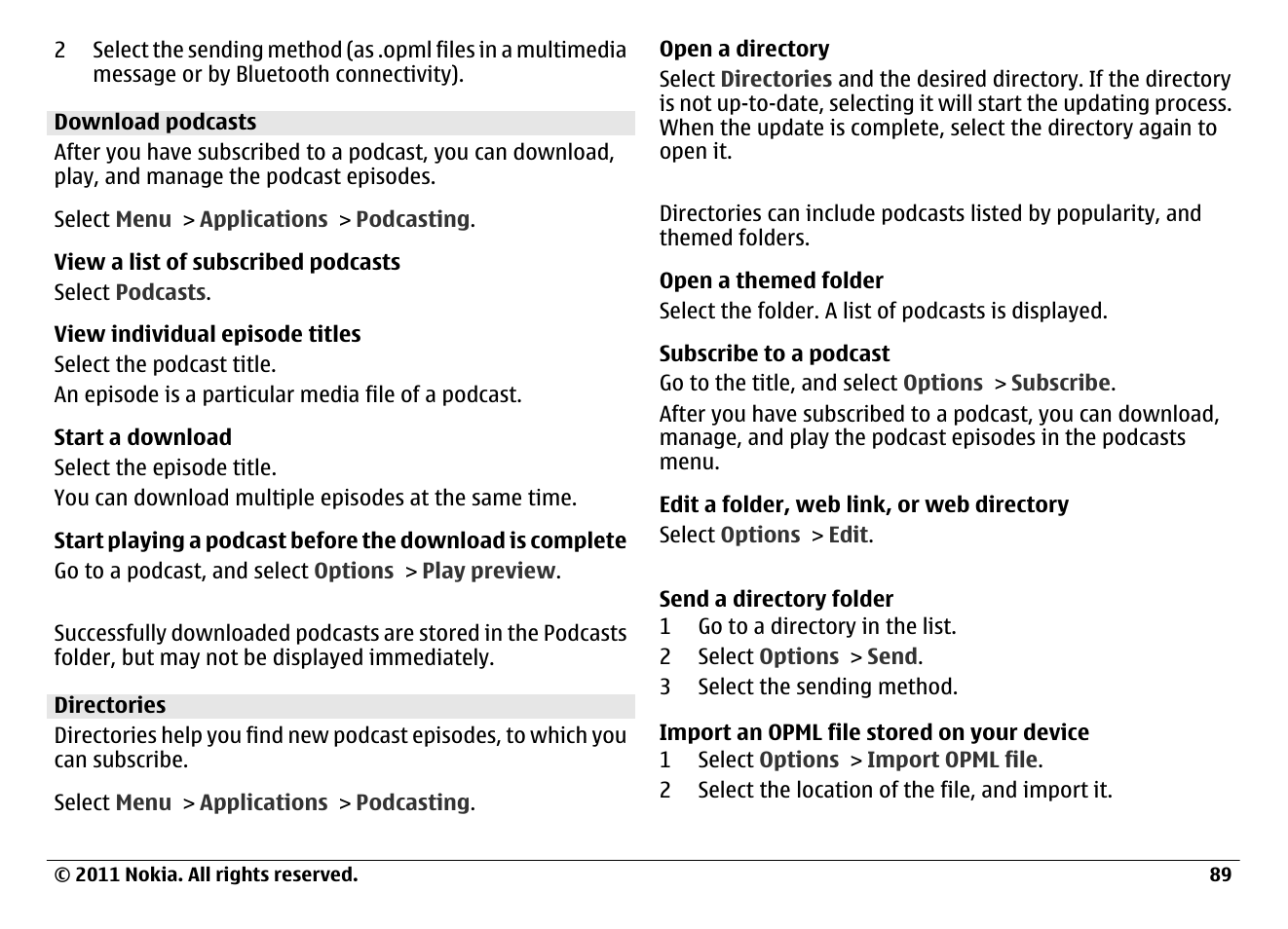 Download podcasts, Directories | Nokia N97 User Manual | Page 89 / 130