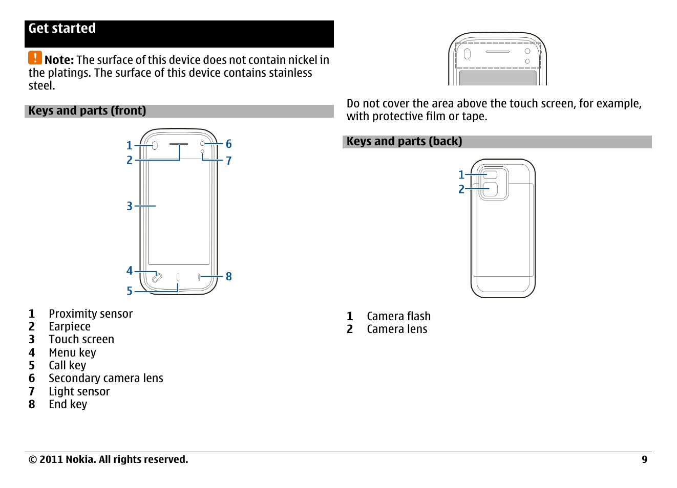 Get started, Keys and parts (front), Keys and parts (back) | Nokia N97 User Manual | Page 9 / 130