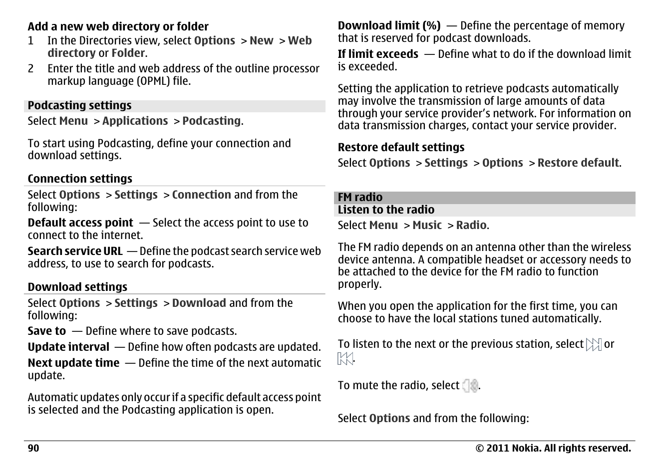 Podcasting settings, Fm radio, Listen to the radio | Nokia N97 User Manual | Page 90 / 130