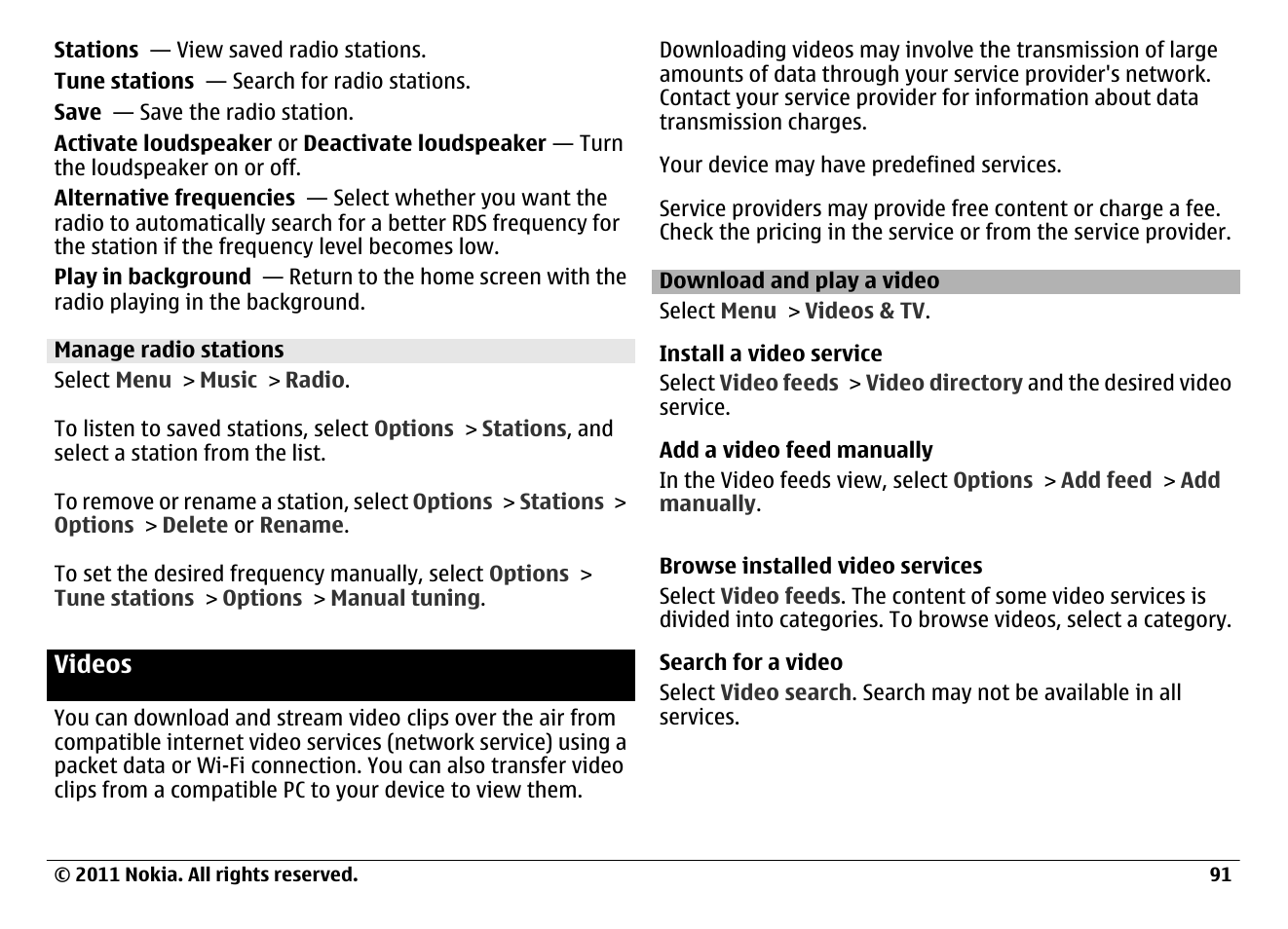 Manage radio stations, Videos, Download and play a video | Nokia N97 User Manual | Page 91 / 130