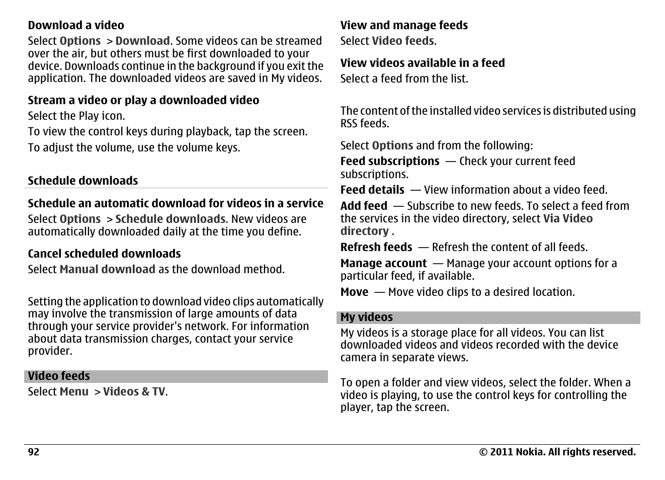 Video feeds, My videos | Nokia N97 User Manual | Page 92 / 130