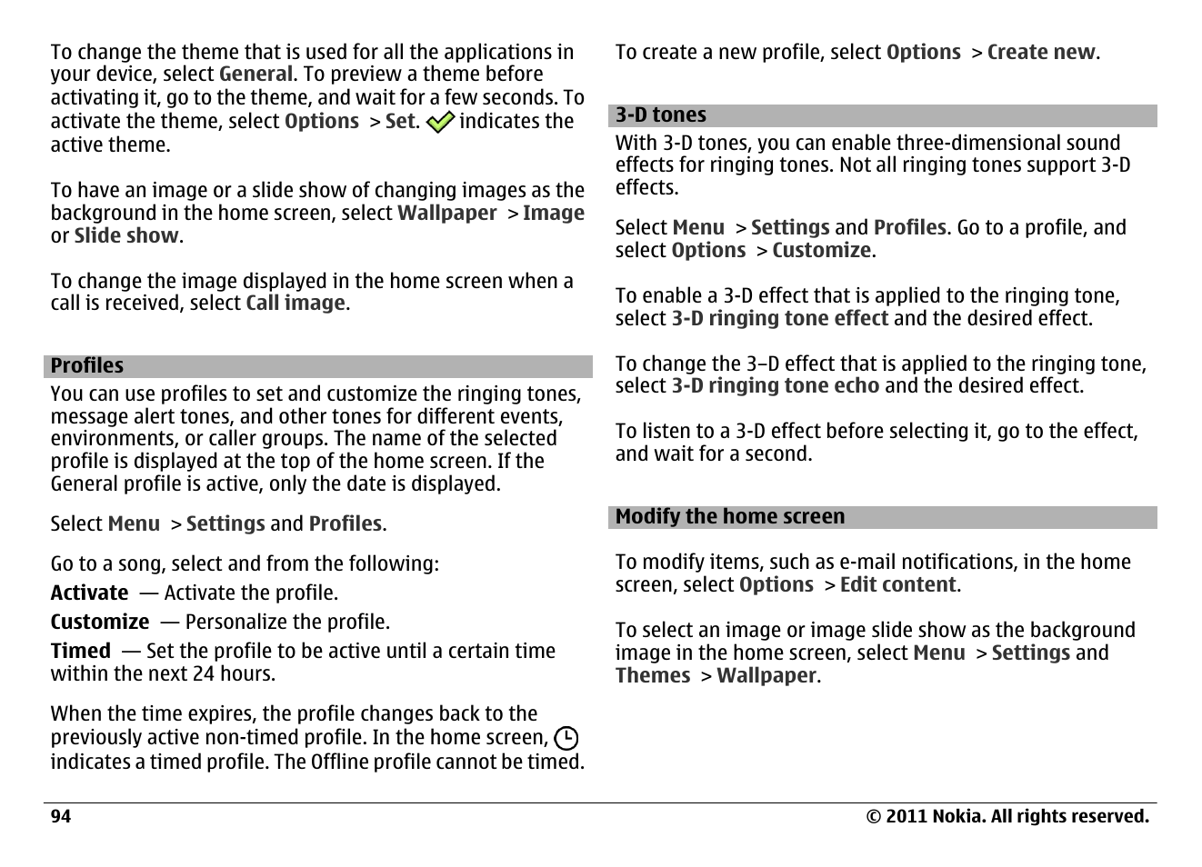 Profiles, D tones, Modify the home screen | Nokia N97 User Manual | Page 94 / 130