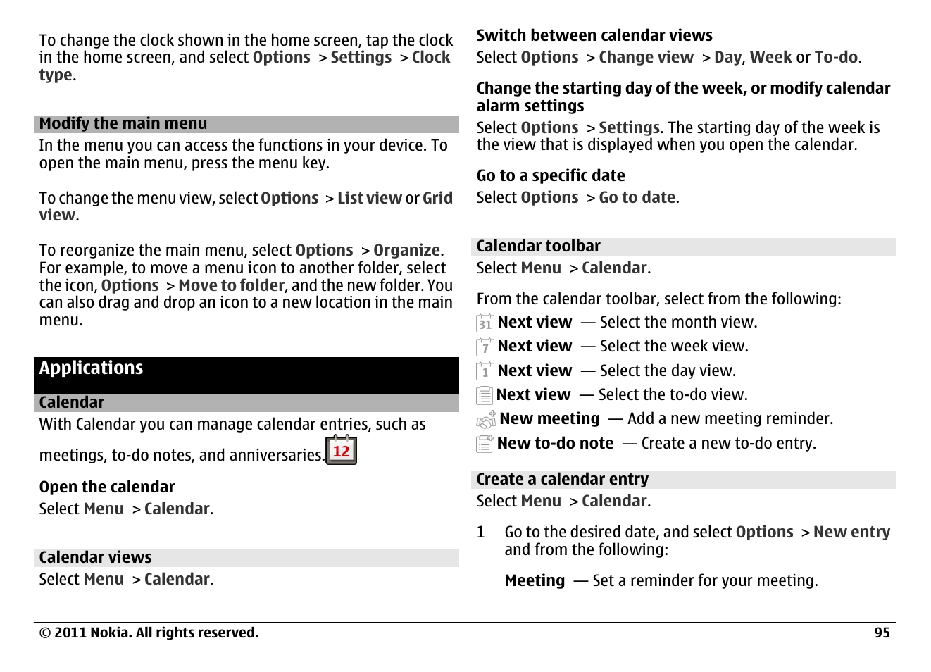 Modify the main menu, Applications, Calendar | Calendar views, Calendar toolbar, Create a calendar entry | Nokia N97 User Manual | Page 95 / 130