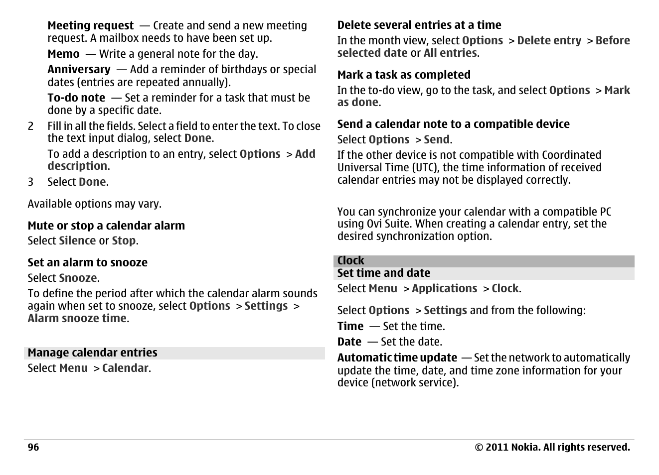 Manage calendar entries, Clock, Set time and date | Clock 96 | Nokia N97 User Manual | Page 96 / 130