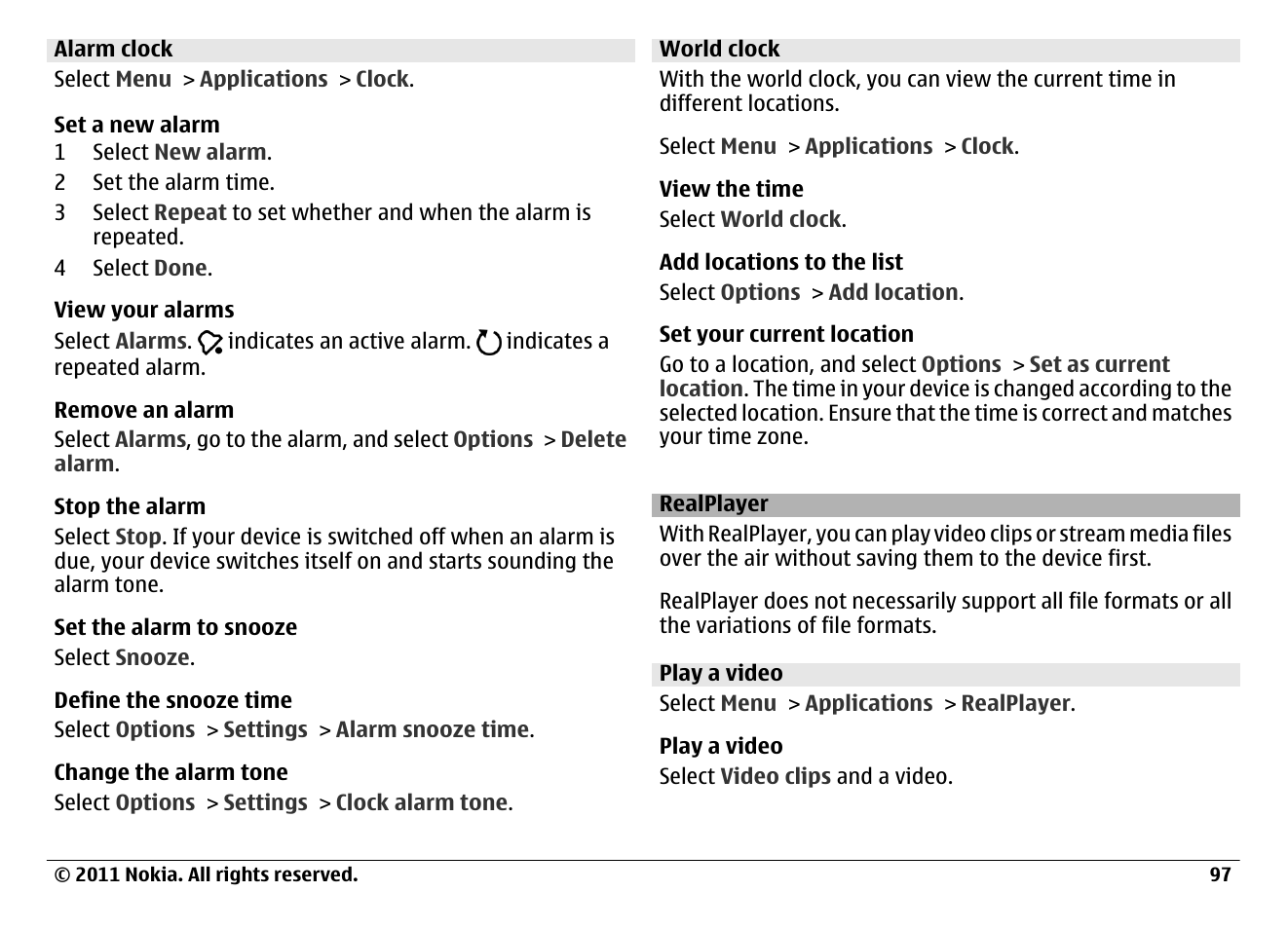 Alarm clock, World clock, Realplayer | Play a video, Realplayer 97 | Nokia N97 User Manual | Page 97 / 130