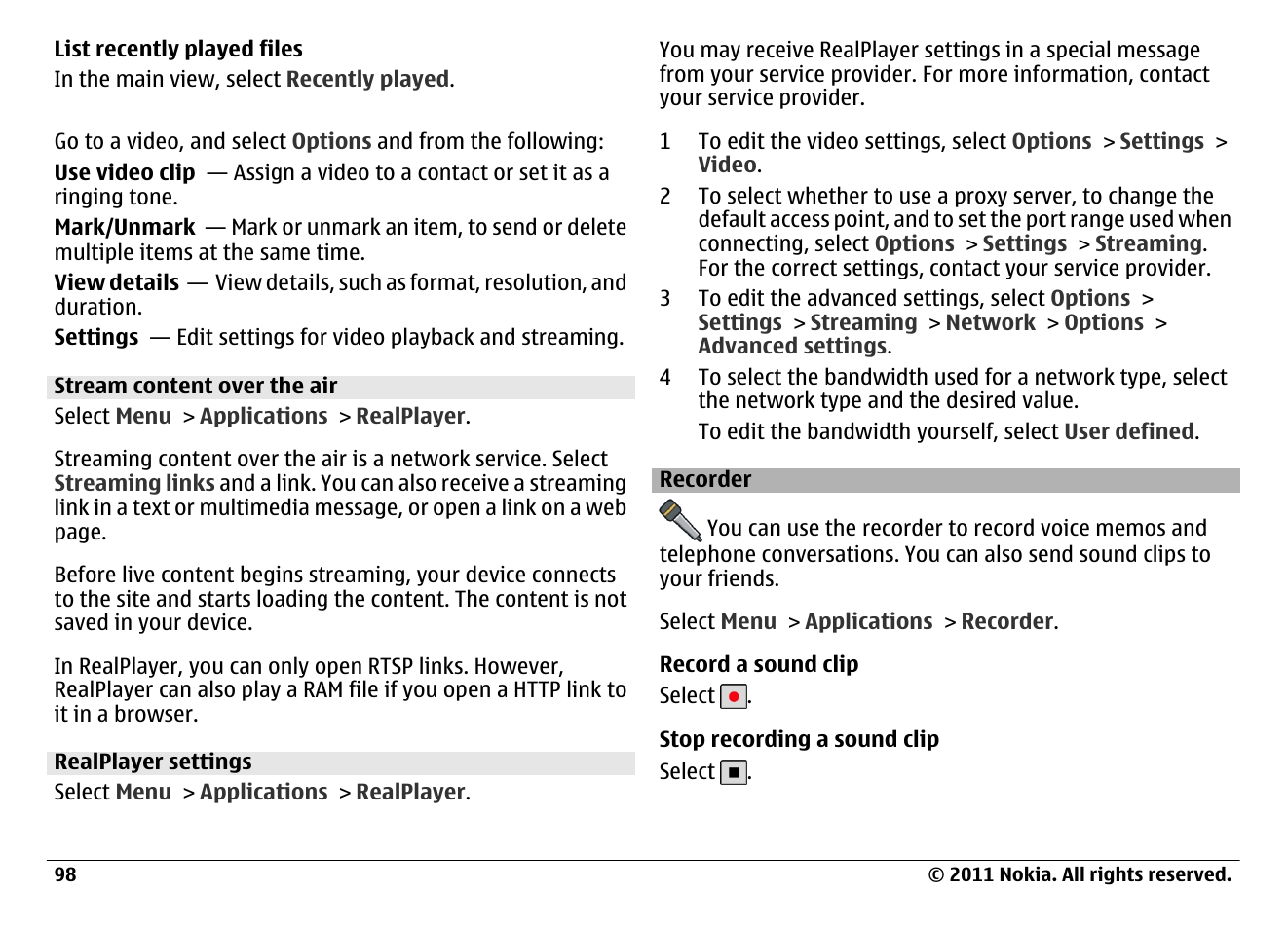 Stream content over the air, Realplayer settings, Recorder | Nokia N97 User Manual | Page 98 / 130