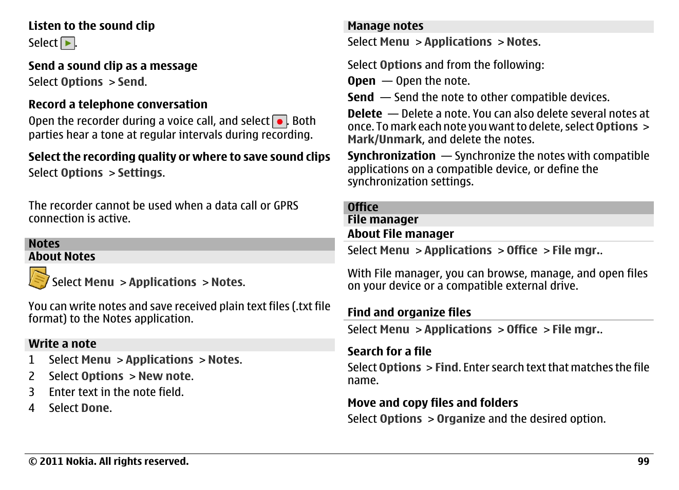 Notes, About notes, Write a note | Manage notes, Office, File manager, About file manager, Find and organize files | Nokia N97 User Manual | Page 99 / 130