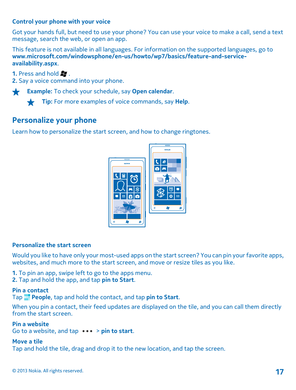 Control your phone with your voice, Personalize your phone, Personalize the start screen | Nokia Lumia 800 User Manual | Page 17 / 88