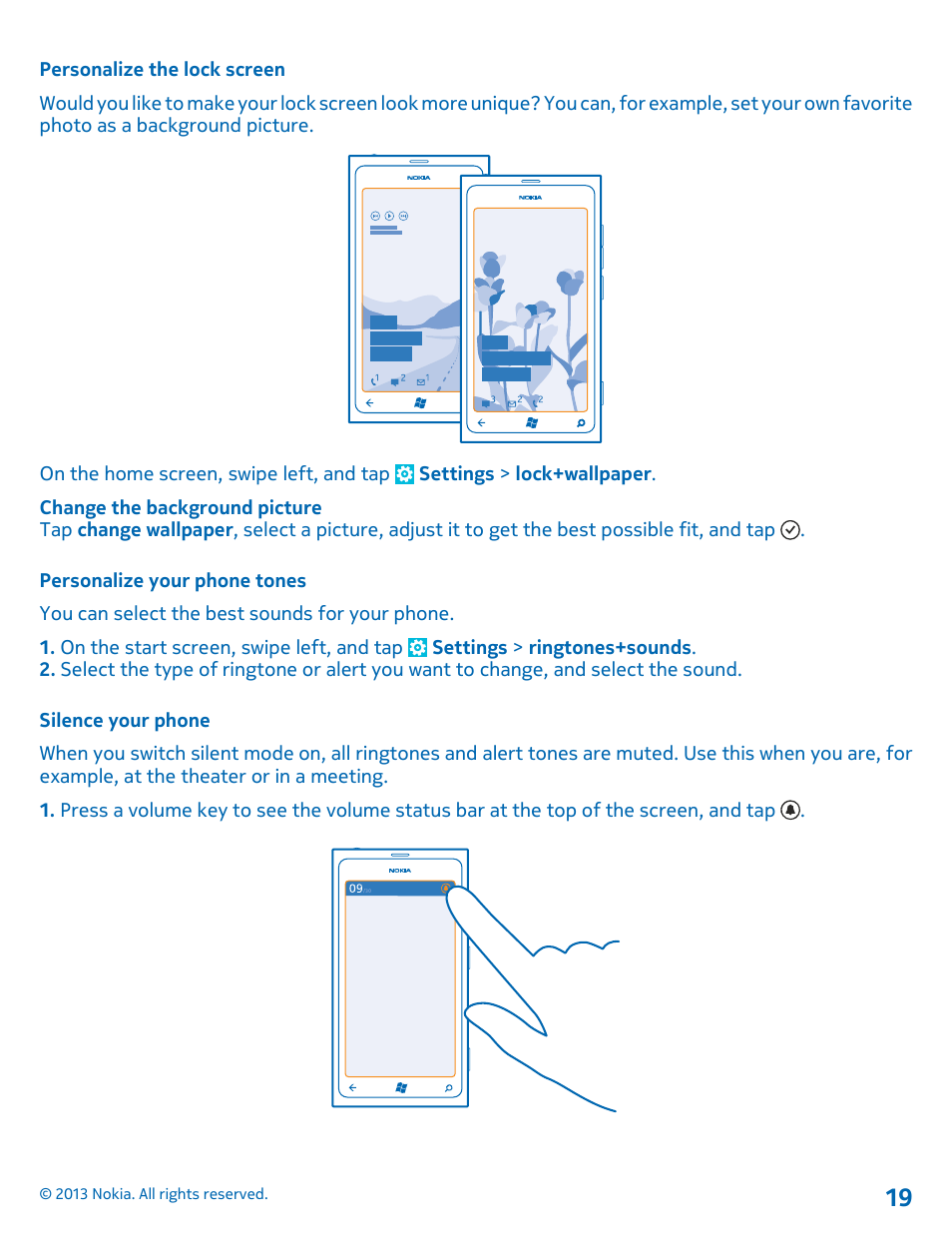 Personalize the lock screen, Personalize your phone tones, Silence your phone | Nokia Lumia 800 User Manual | Page 19 / 88