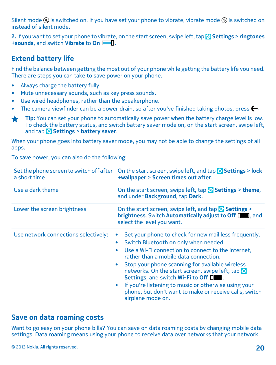 Extend battery life, Save on data roaming costs | Nokia Lumia 800 User Manual | Page 20 / 88