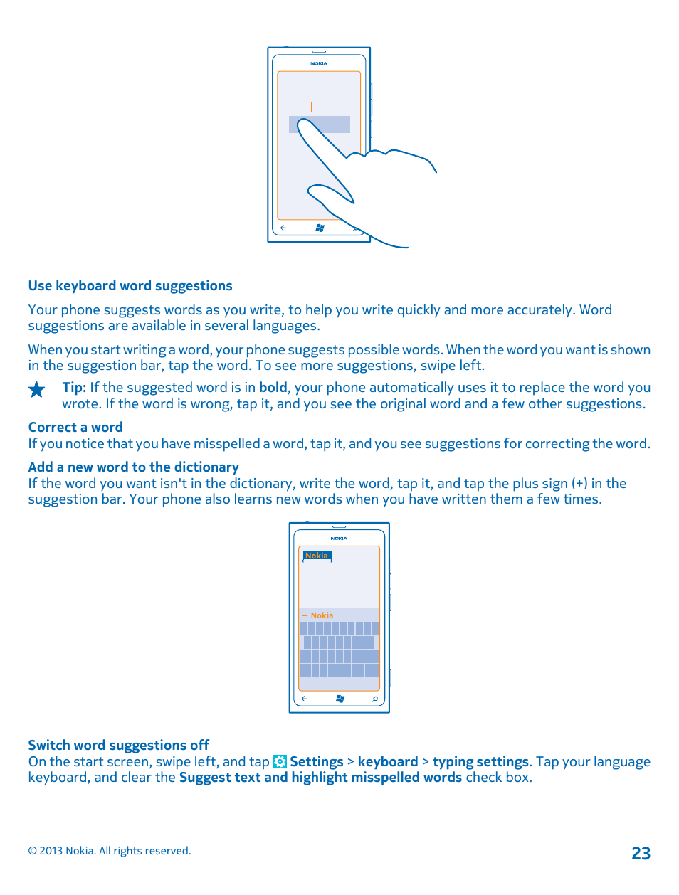 Use keyboard word suggestions | Nokia Lumia 800 User Manual | Page 23 / 88