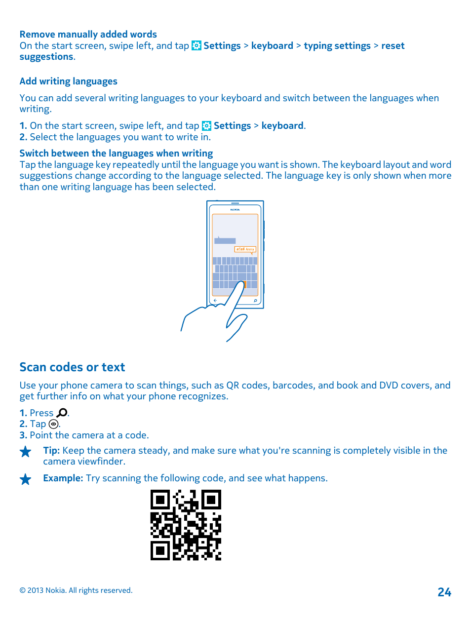 Add writing languages, Scan codes or text | Nokia Lumia 800 User Manual | Page 24 / 88