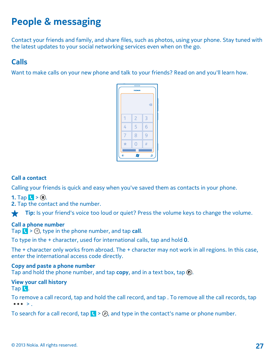People & messaging, Calls, Call a contact | Calls 27 | Nokia Lumia 800 User Manual | Page 27 / 88