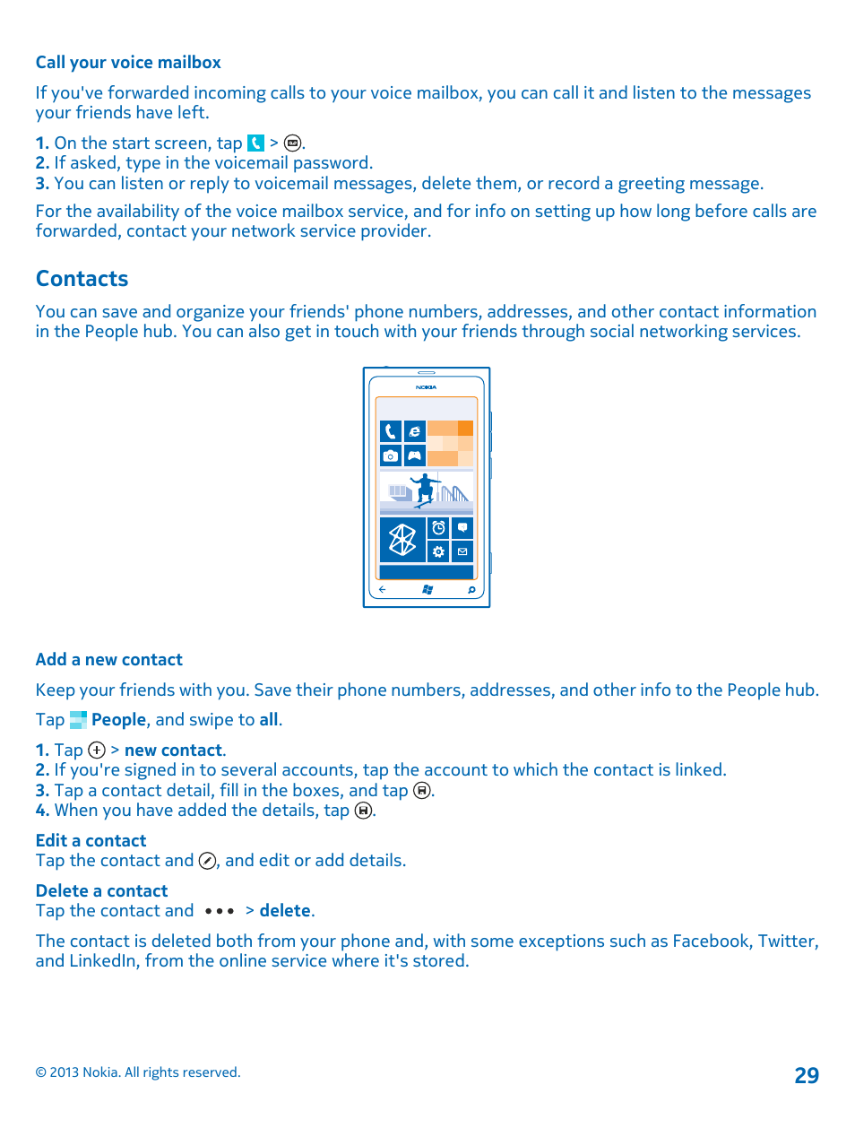 Call your voice mailbox, Contacts, Add a new contact | Contacts 29 | Nokia Lumia 800 User Manual | Page 29 / 88