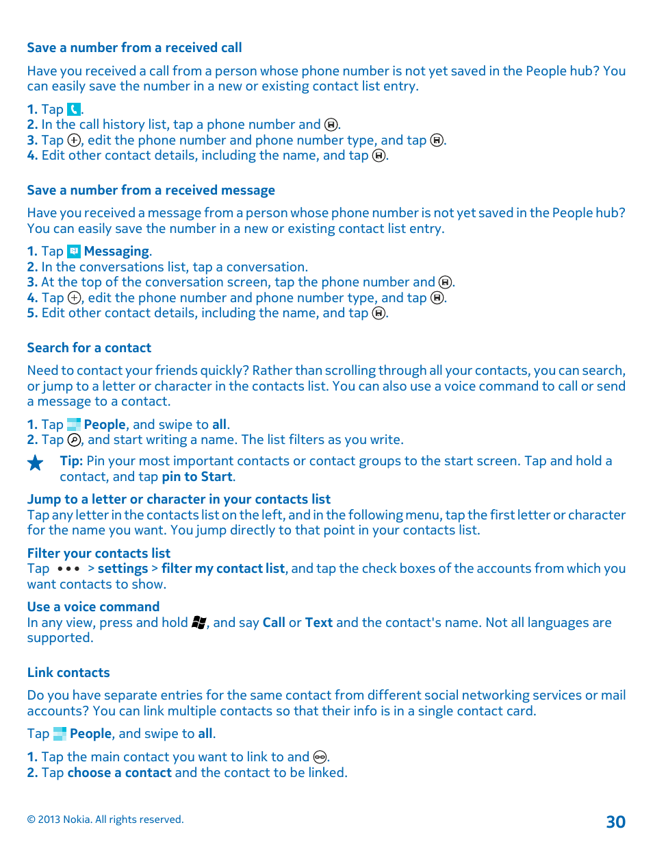 Save a number from a received call, Save a number from a received message, Search for a contact | Link contacts | Nokia Lumia 800 User Manual | Page 30 / 88