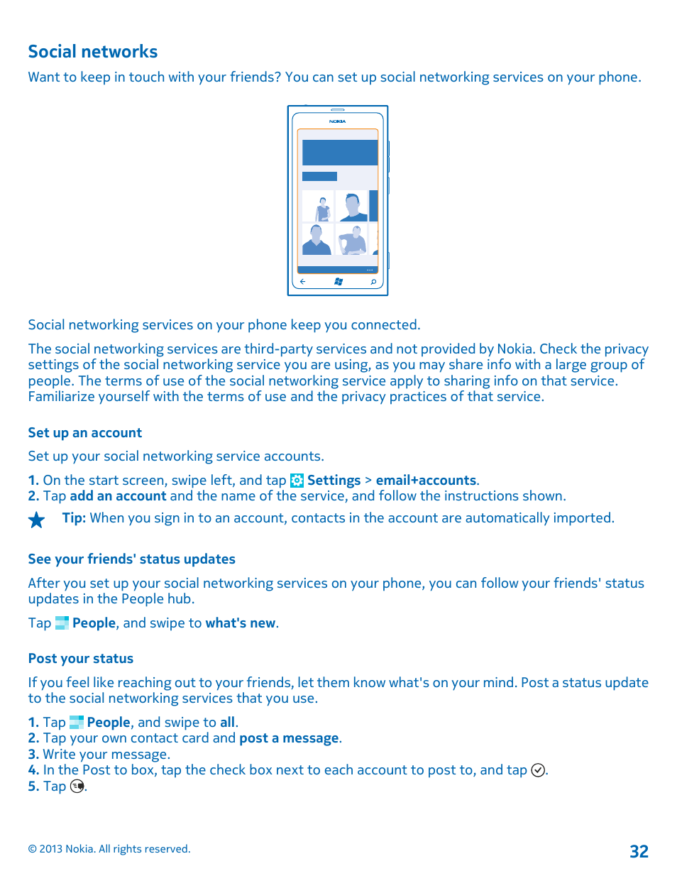 Social networks, Set up an account, See your friends' status updates | Post your status | Nokia Lumia 800 User Manual | Page 32 / 88