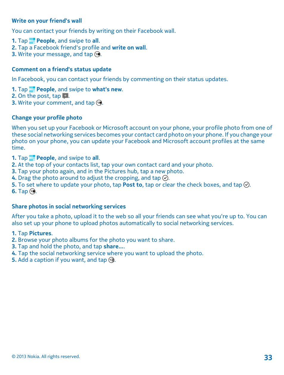 Write on your friend's wall, Comment on a friend's status update, Change your profile photo | Share photos in social networking services | Nokia Lumia 800 User Manual | Page 33 / 88