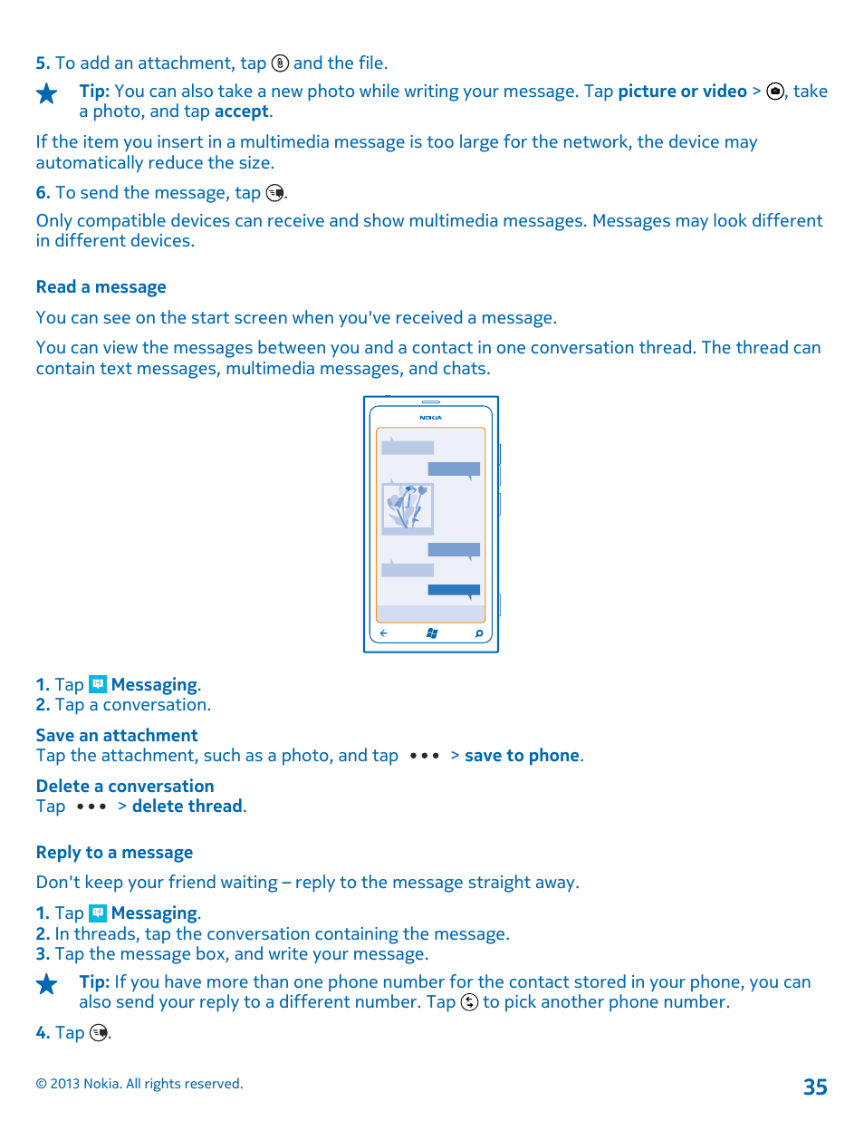 Read a message, Reply to a message | Nokia Lumia 800 User Manual | Page 35 / 88