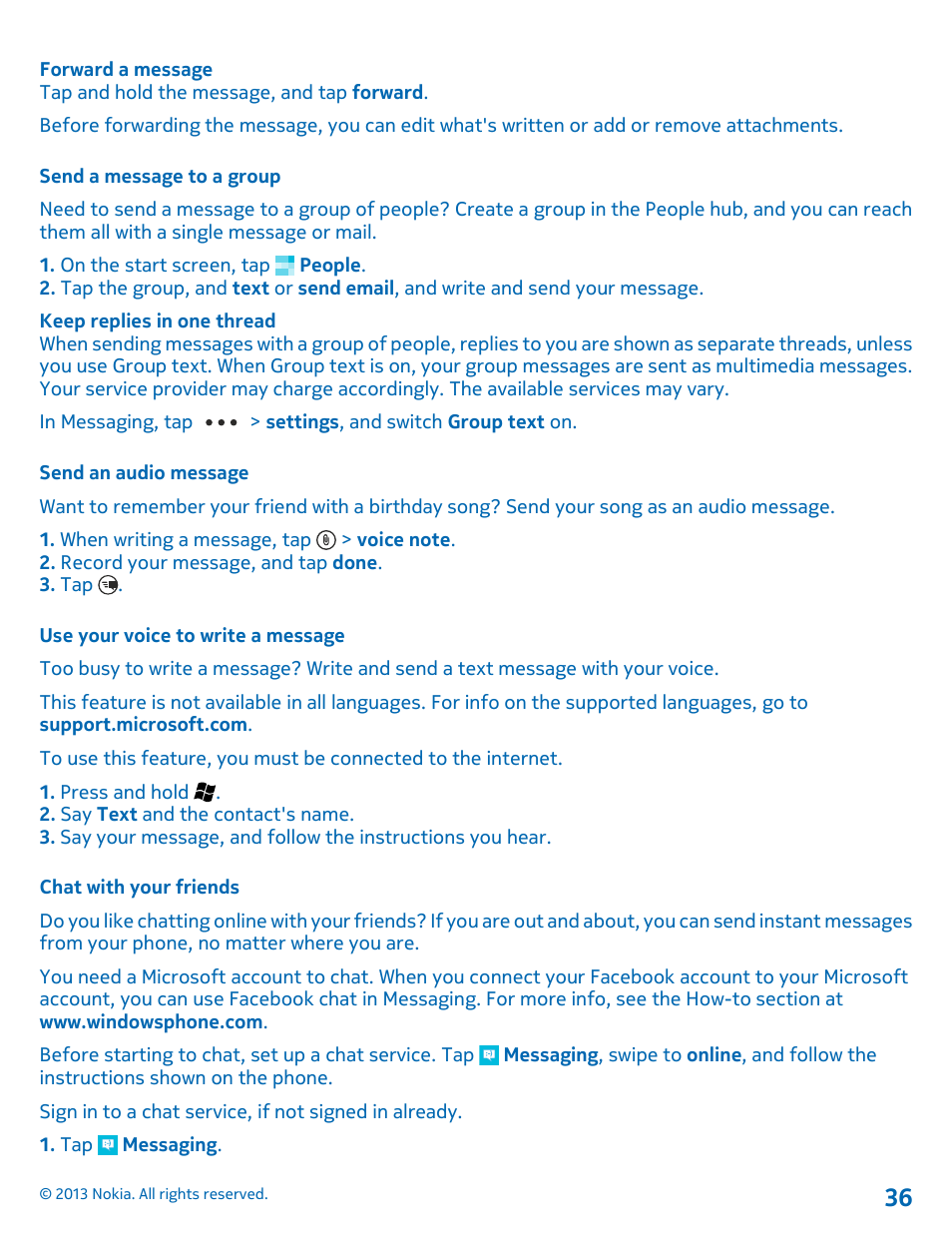 Send a message to a group, Send an audio message, Use your voice to write a message | Chat with your friends | Nokia Lumia 800 User Manual | Page 36 / 88
