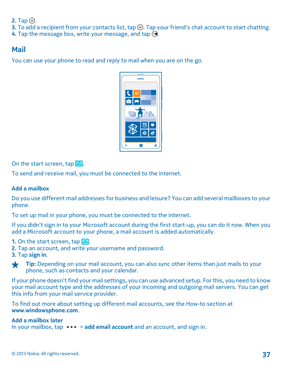 Mail, Add a mailbox, Mail 37 | Nokia Lumia 800 User Manual | Page 37 / 88