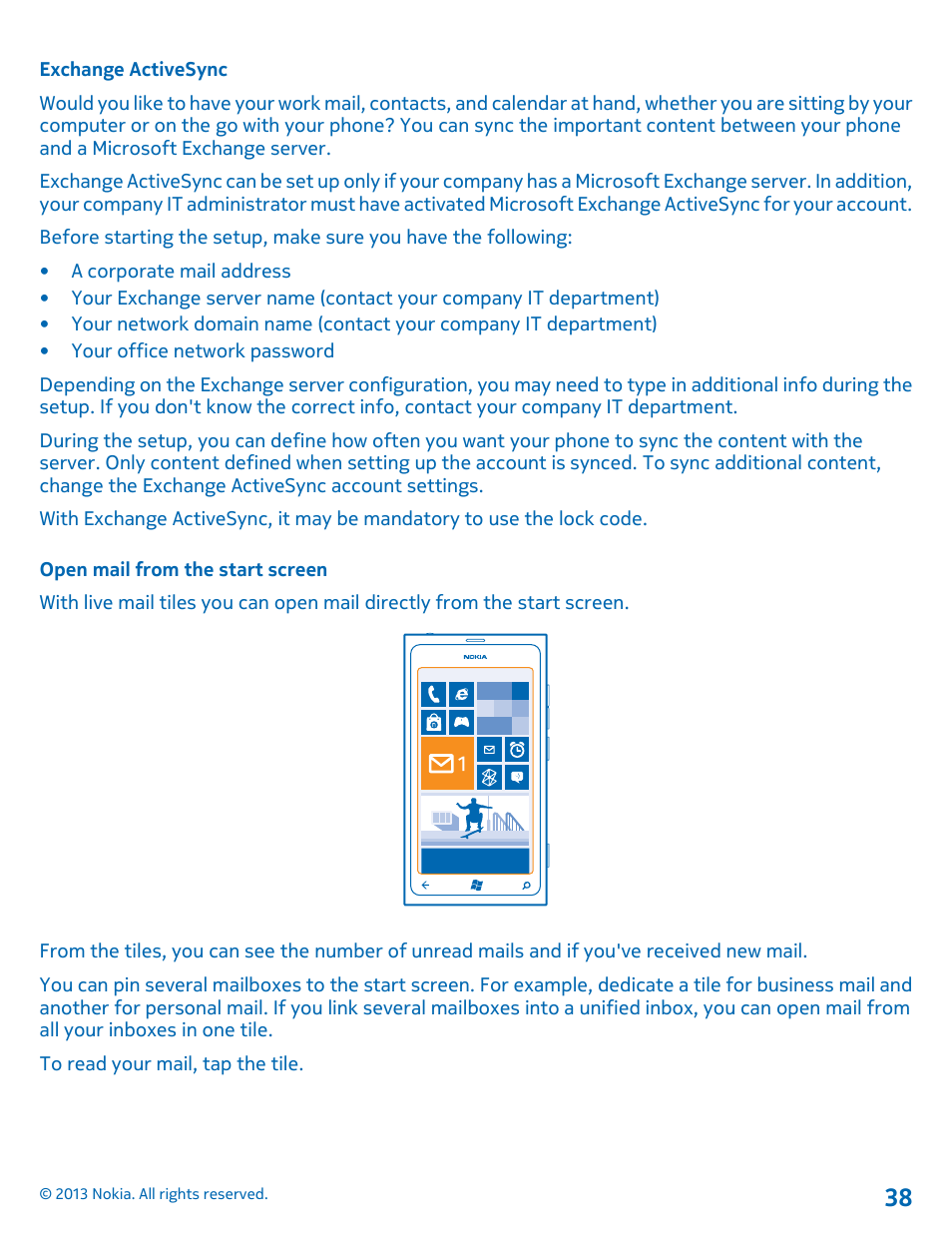 Exchange activesync, Open mail from the start screen | Nokia Lumia 800 User Manual | Page 38 / 88