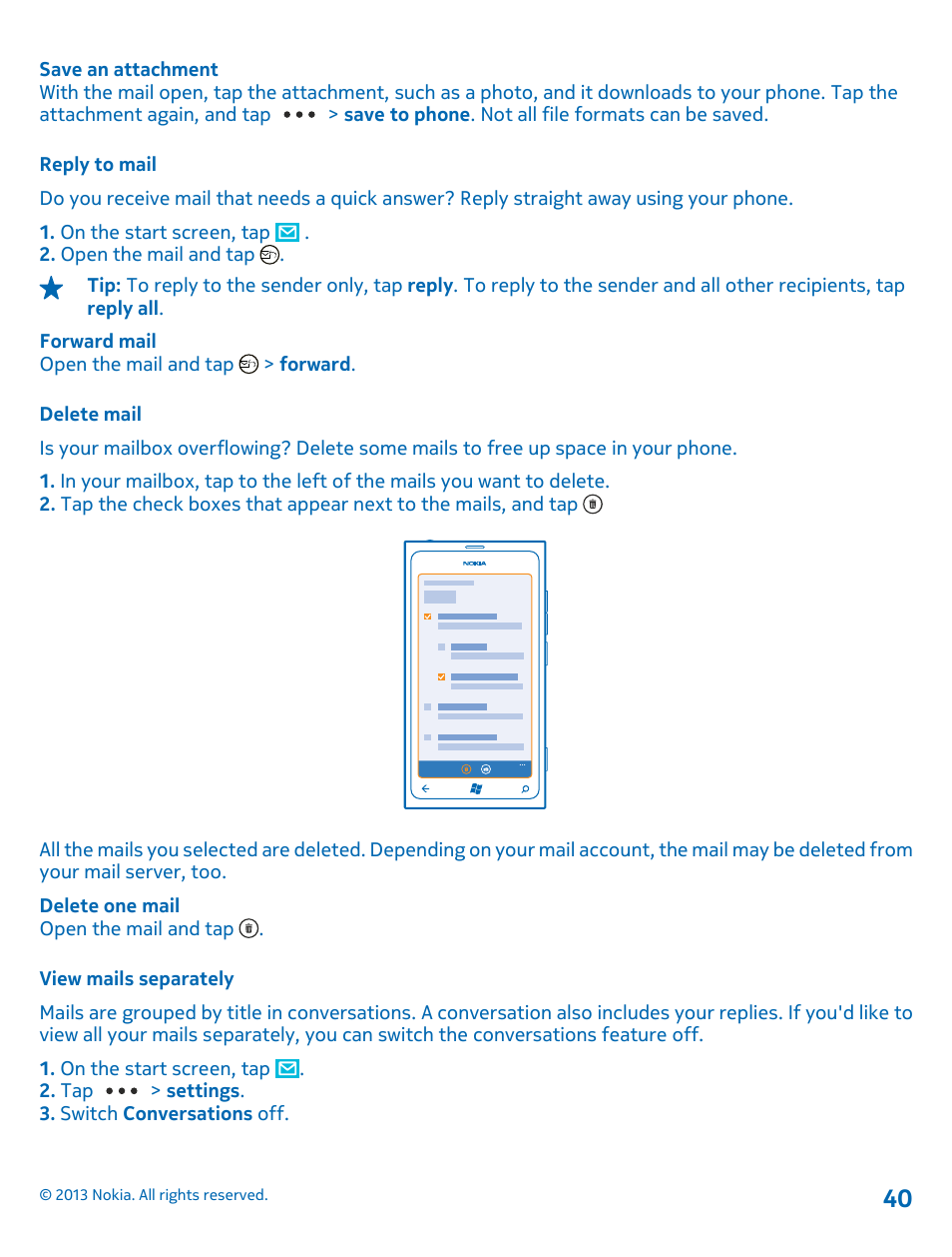 Reply to mail, Delete mail, View mails separately | Nokia Lumia 800 User Manual | Page 40 / 88