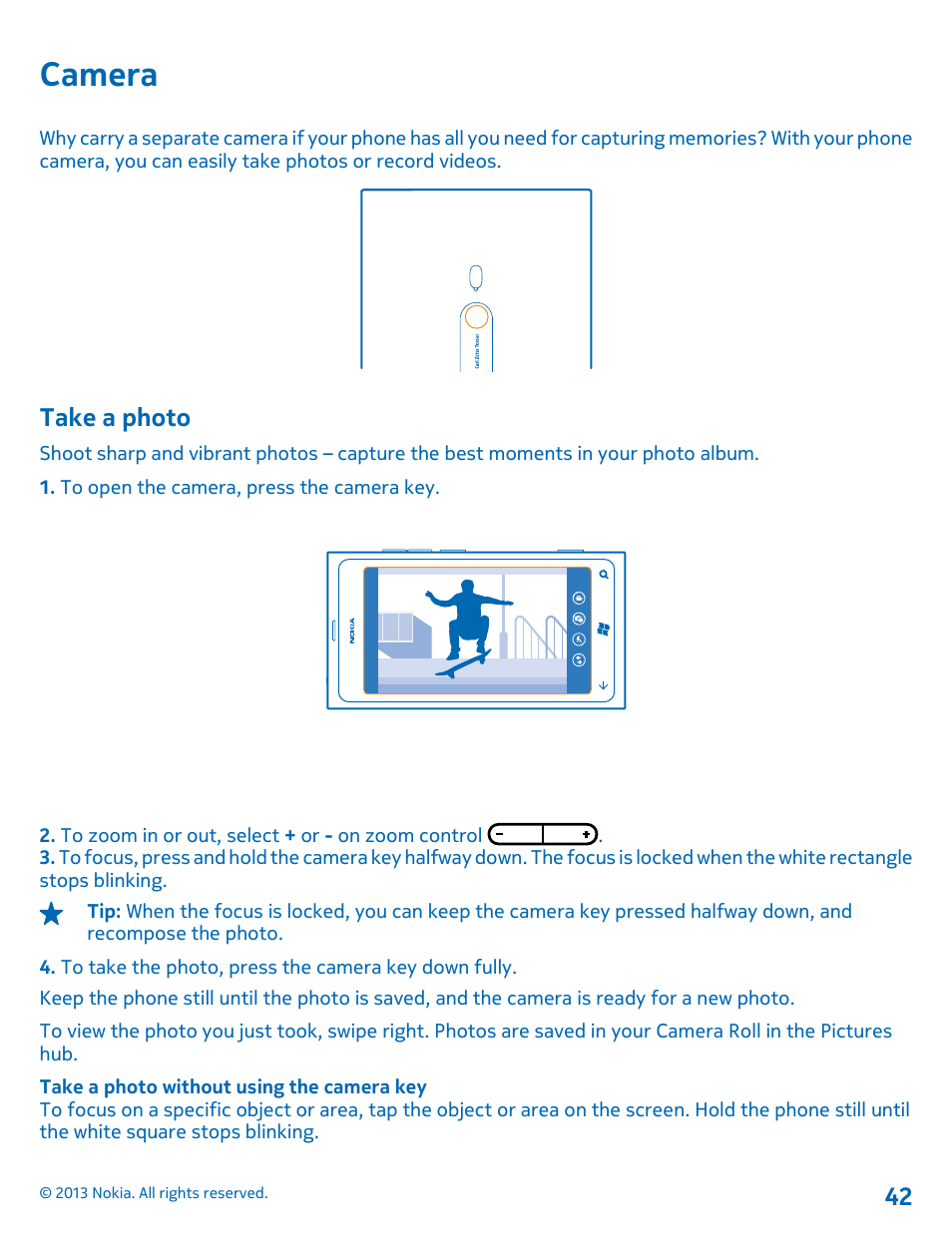 Camera, Take a photo, Camera 42 take a photo | Nokia Lumia 800 User Manual | Page 42 / 88
