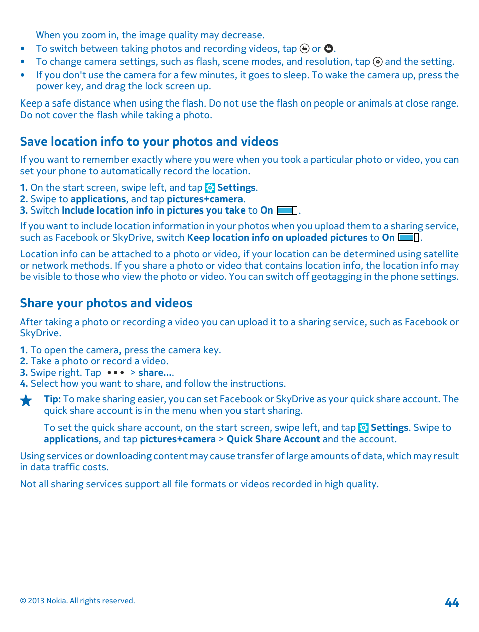 Save location info to your photos and videos, Share your photos and videos, Save location info to your photos and | Videos 44 share your photos and videos | Nokia Lumia 800 User Manual | Page 44 / 88