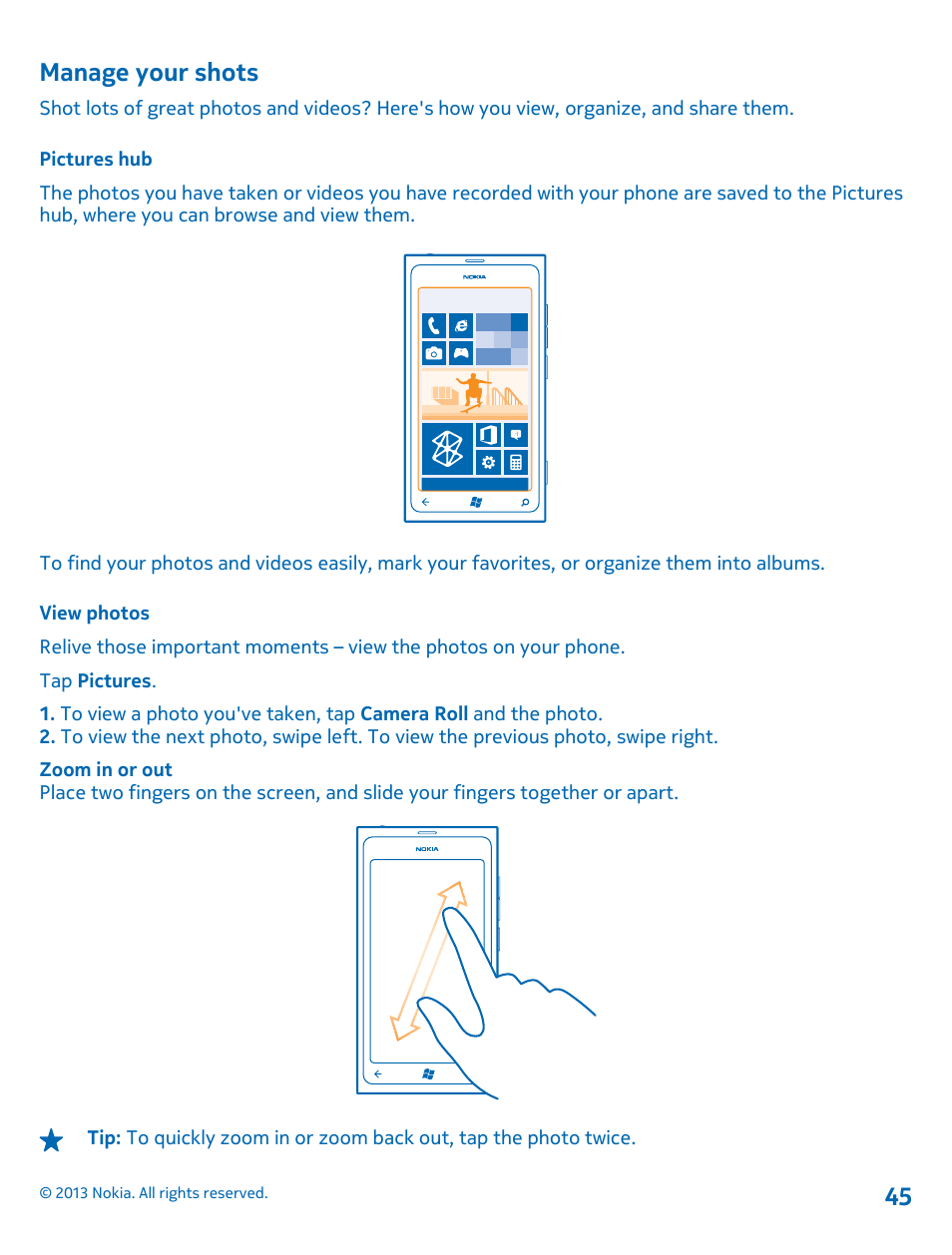Manage your shots, Pictures hub, View photos | Nokia Lumia 800 User Manual | Page 45 / 88