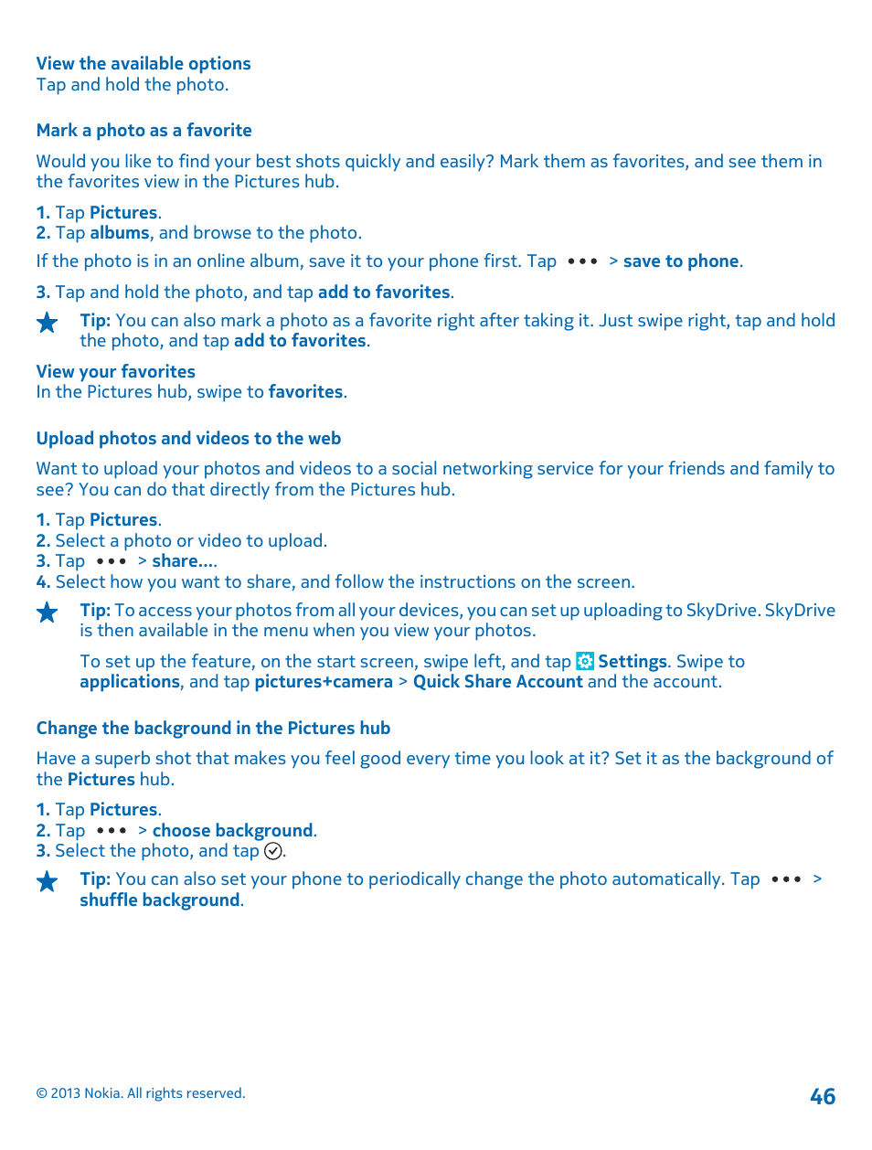 Mark a photo as a favorite, Upload photos and videos to the web, Change the background in the pictures hub | Nokia Lumia 800 User Manual | Page 46 / 88
