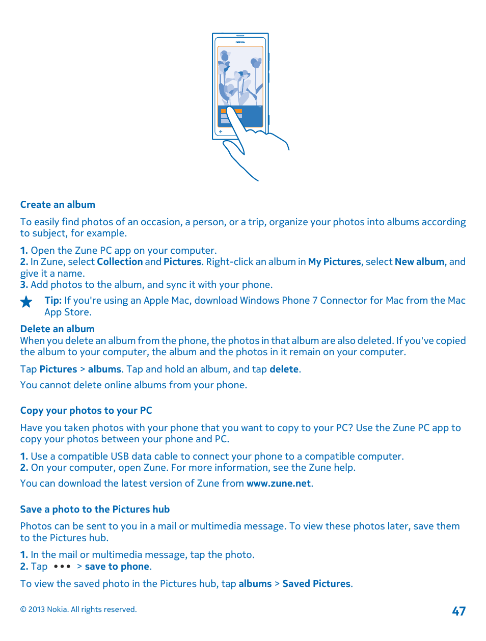 Create an album, Copy your photos to your pc, Save a photo to the pictures hub | Nokia Lumia 800 User Manual | Page 47 / 88