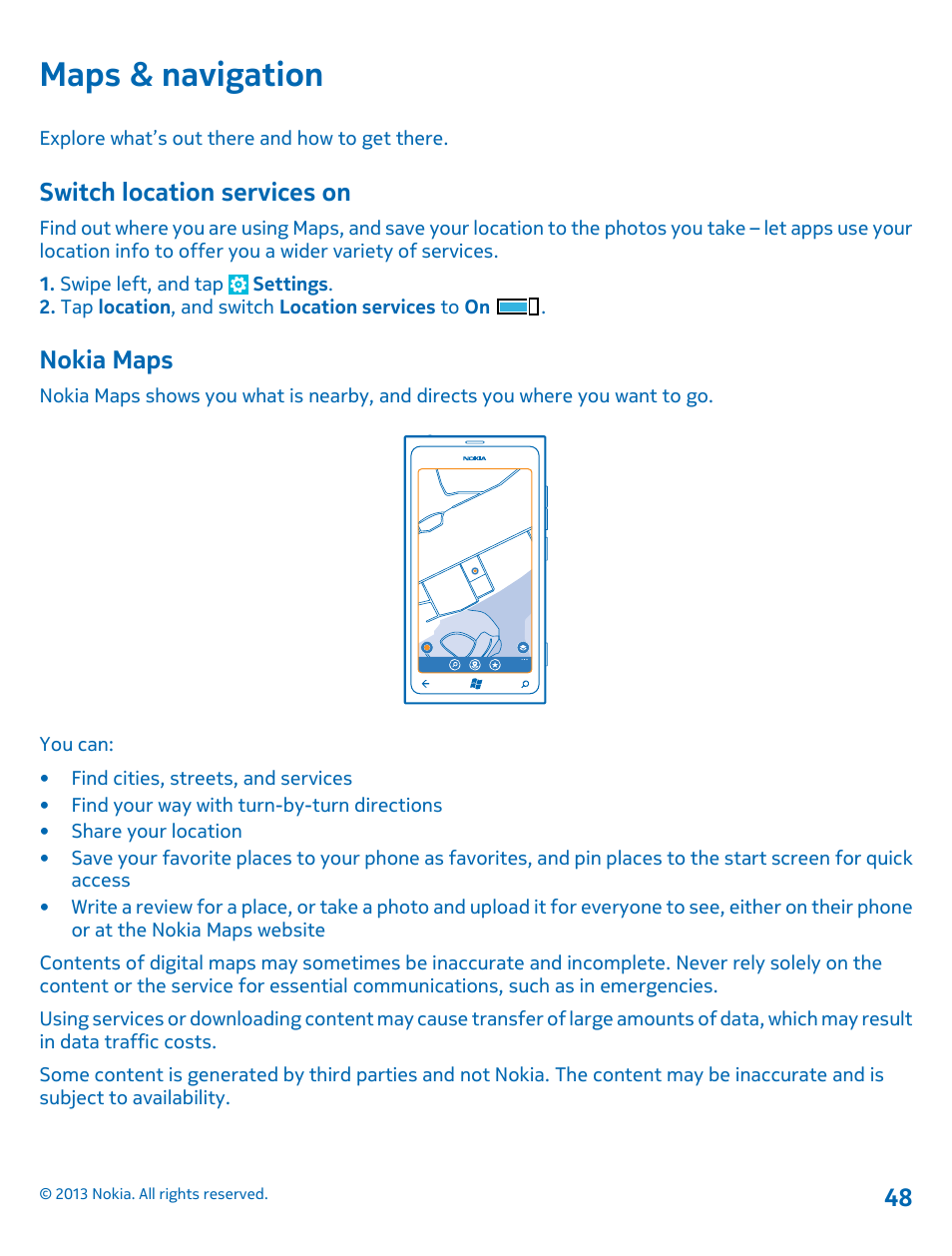 Maps & navigation, Switch location services on, Nokia maps | Nokia Lumia 800 User Manual | Page 48 / 88