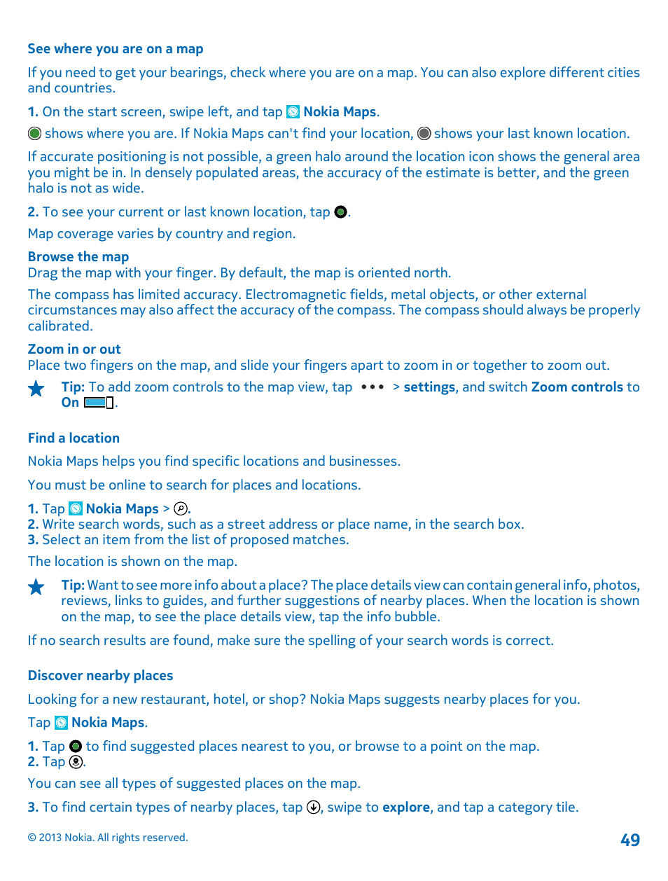 See where you are on a map, Find a location, Discover nearby places | Nokia Lumia 800 User Manual | Page 49 / 88