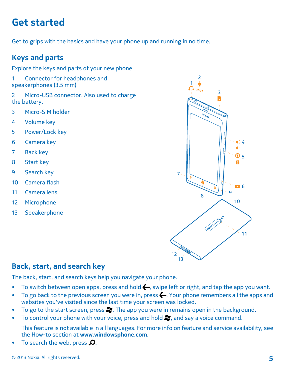 Get started, Keys and parts, Back, start, and search key | Nokia Lumia 800 User Manual | Page 5 / 88