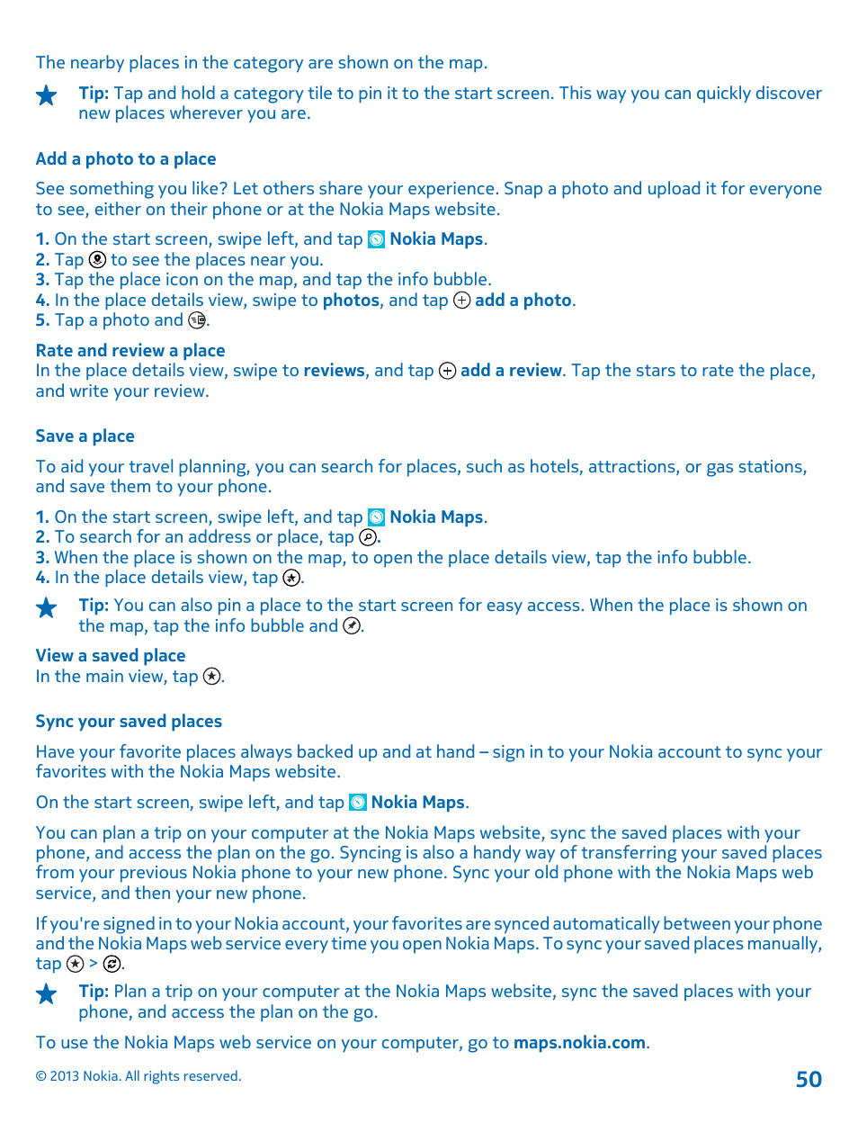 Add a photo to a place, Save a place, Sync your saved places | Nokia Lumia 800 User Manual | Page 50 / 88