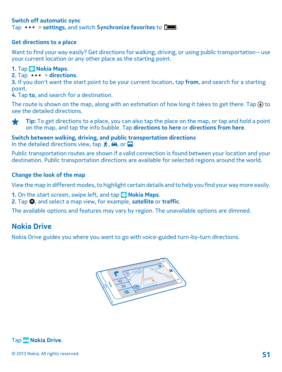 Get directions to a place, Change the look of the map, Nokia drive | Nokia Lumia 800 User Manual | Page 51 / 88