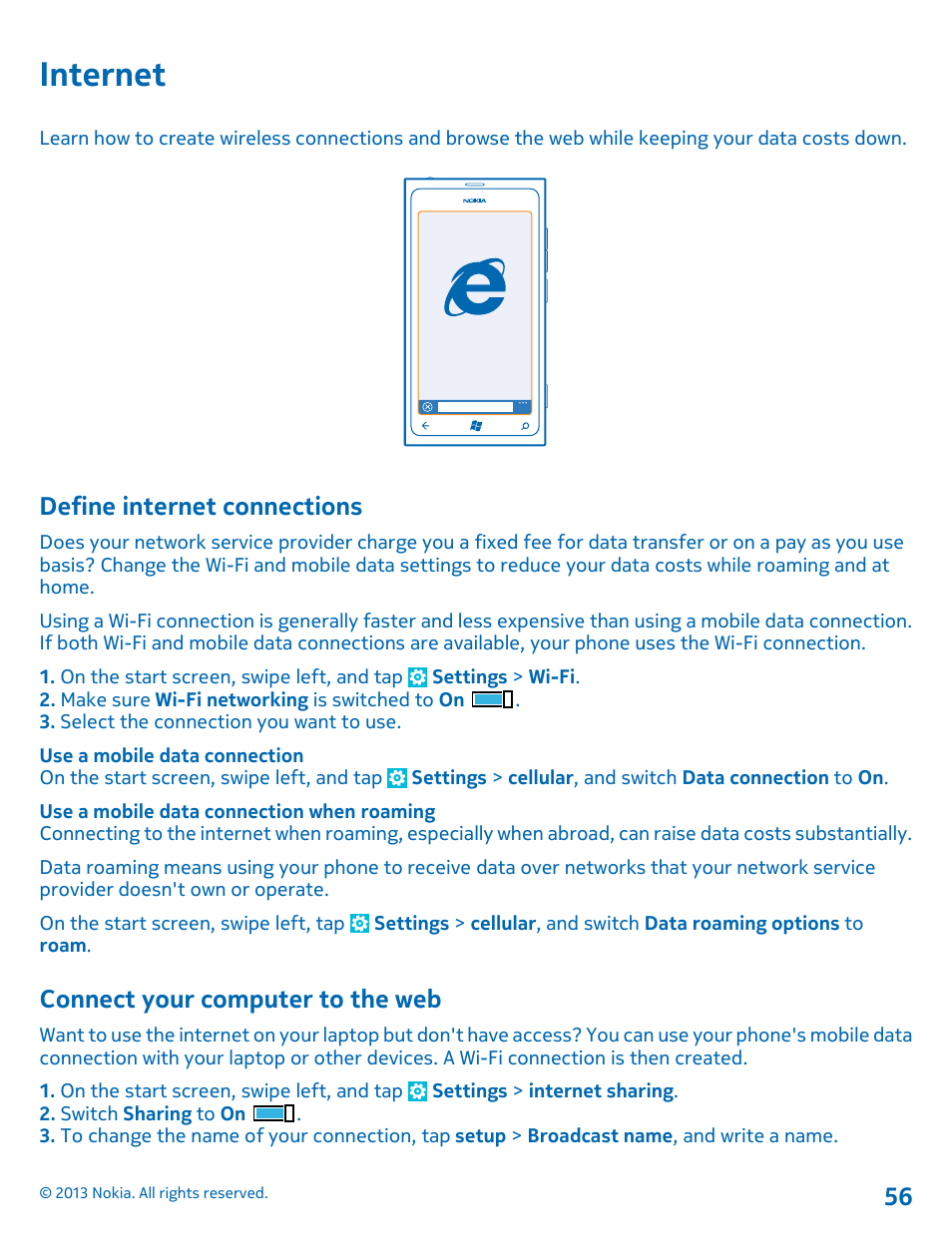 Internet, Define internet connections, Connect your computer to the web | Internet 56 define internet connections | Nokia Lumia 800 User Manual | Page 56 / 88