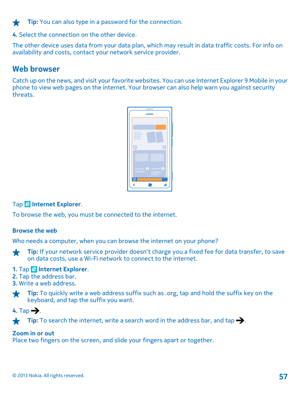 Web browser, Browse the web | Nokia Lumia 800 User Manual | Page 57 / 88