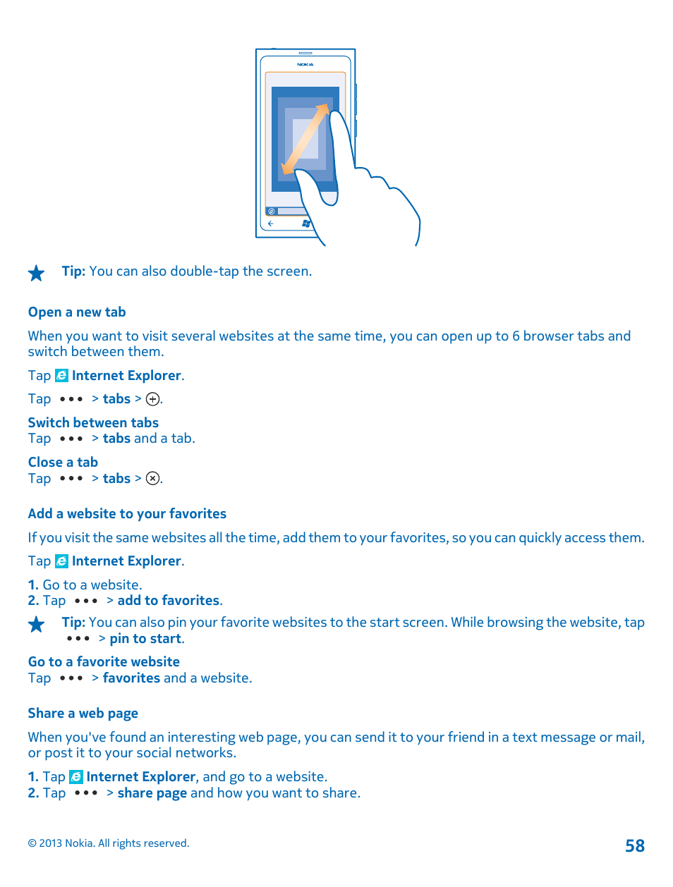 Open a new tab, Add a website to your favorites | Nokia Lumia 800 User Manual | Page 58 / 88