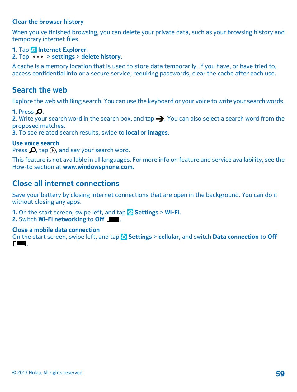 Clear the browser history, Search the web, Close all internet connections | Nokia Lumia 800 User Manual | Page 59 / 88