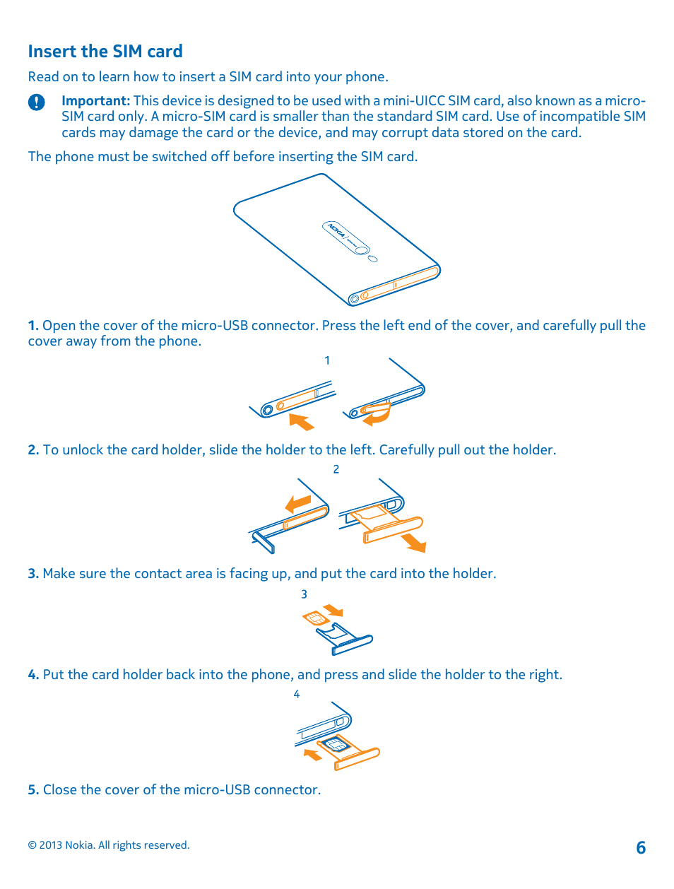 Insert the sim card | Nokia Lumia 800 User Manual | Page 6 / 88