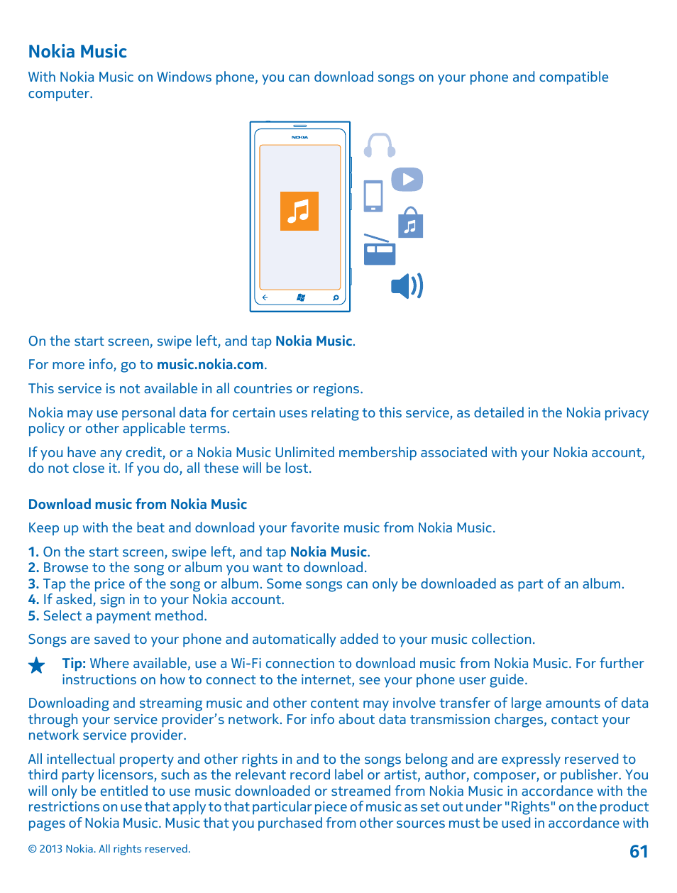 Nokia music, Download music from nokia music | Nokia Lumia 800 User Manual | Page 61 / 88